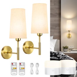 Glitnous Battery Operated Wall Sconce, 13000mAh Wall Sconces Set of Two Battery Operated, Wireless Sconces Set of 2, Rechargeable Sconce with Remote, No Wire Wall Lamp/Light for Bedroom, Linen Gold