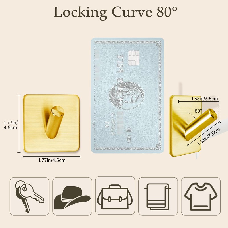 Gold Adhesive Coat Hooks: Anti-Slip 15LB Towel Hooks Locking Curve