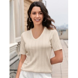 DAIMIDY Women's Short Sleeve V Neck Sweaters Cable Knit Hollow Out Summer Sweater for Women Lightweight Pullover Top Cream, USL