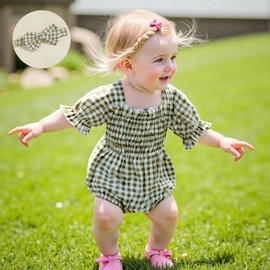 Ursobutegl Infant Baby Girls Romper Ruffle Sleeve Pleated Smocked Bubble Plaid One Piece Ruched Jumpsuit Summer Bodysuit (Green, 9-12 Months)