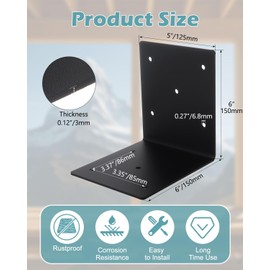 AOKLIT 4 Pcs Heavy Duty Steel Corner Bracket, 6"x6"x5" L Right Angle Bracket, 90 Degree L Shape Brackets Post Connector for 4x4 and 6x6 Post, Wood Shelves, Furnitur