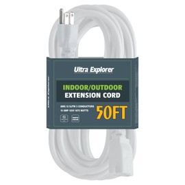 Ultra Explorer White Outdoor Extension Cord 50 Ft, 12/3 SJTW Heavy Duty Extension Cable with 3 Prong Grounded Plug, 15 AMP Power Cord for Lawn, Garden, Appliances