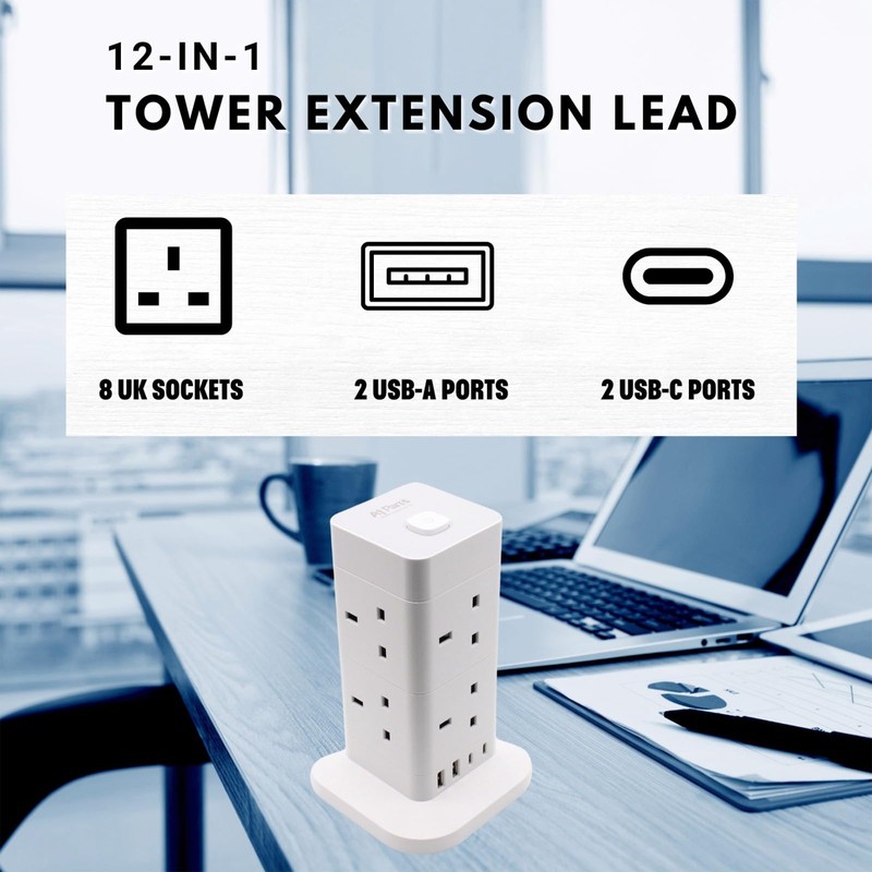 12-in-1 Tower Extension Cube with 8 Plug Sockets & 4
