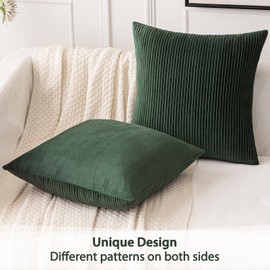 EMEMA Set of 2 Decorative Striped Velvet Christmas Throw Pillow Covers Square Soft Accent Couch Cushion Case Boho Farmhouse Pillowcase for Home Decor Sofa Bed Living Room 18×18 Inch Dark Green