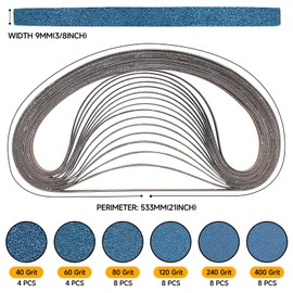 3/8 x 21 Inch Zirconia Sanding Belts for Metal, 40-Piece Set, 4 Each 40/60 grit, 8 Each 80/120/240/400 grit, for Pneumatic Belt Sanders, Metal Finishing, Rust Removal