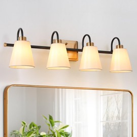 KSANA Bathroom Wall Light Fixtures, 4-Light White Fabric Gold Black Vanity Light, Modern Vintage Wall Lamp Over Mirror for Powder Room