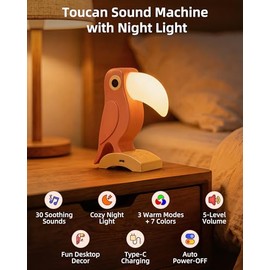 Toucan Sound Machine with 7 Colors Night Light, 30 Soothing Sounds, Orange | White Noise Machine, Home Decor for Kids & Adults, 5 Volume Levels, 1H Au