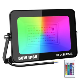 RIGIDON 1 x 50 W RGB LED Spotlight with Remote Control, 5000 LM RGBW Colour Changing Floodlight, 16 Colours, 4 Modes, Dimmable Floodlight Lamp for Party, Garden, Tree, Landscape, Disco Celebrations,
