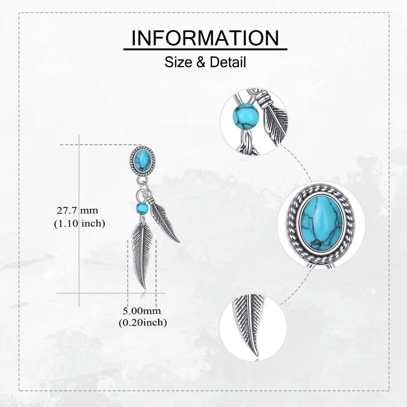 YAFEINI Feather Turquoise Earrings 925 Sterling Silver Bohemia Feather Earrings