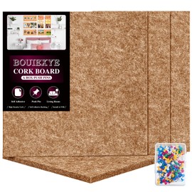 Bouiexye Felt Cork Board Tiles 4 Pack Brown Bulletin Boards 12"x12" - 1/2" Thick Cork Bulletin Board Self Adhesive Corkboards with 100 Push Pins for Wall School Home Office