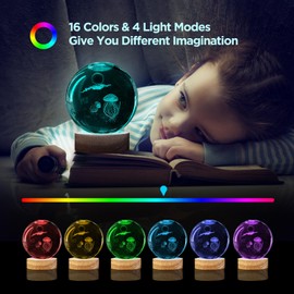 3D Jellyfish Crystal Ball Night Light With 16 Color Led Wooden Base Large 3.15 Inch Jellyfish Glass Ball Lamp with Remote for Birthday Christmas, Cool Jellyfish Decor Gifts for Boys Girls Kids