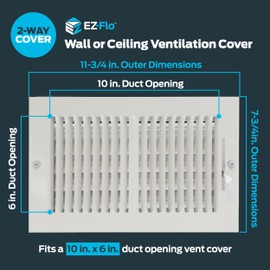 EZ-FLO 10 x 6 Inch (Duct Opening) Air Vent Cover for Wall or Ceiling, Two-Way Ventilation Register, Solid Steel HVAC Register Cover, White, 61610