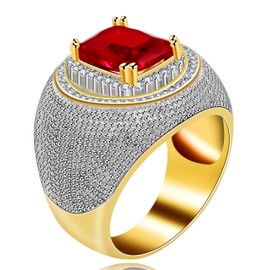 Uloveido Men's Gold Plated Emerald Cut Micro-Inlaid Red Zircon Rings Rectangle Shape Big CZ Wedding Band Ring for Boy Y587 (Size 11)