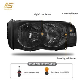 AS Headlights Assembly Compatible With 2002 2003 2004 2005 Dodge Ram 1500/03 04 05 Dodge Ram 2500/3500 Smoke Lens Clear Reflector Driver and Passenger Side AUTOLIGHTS