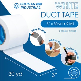 SPARTAN INDUSTRIAL - 3" X 30 yd Waterproof White Tape - 6 Heavy-Duty Duct Tape Rolls for Indoor and Outdoor Use - No Residue, 9 Mil