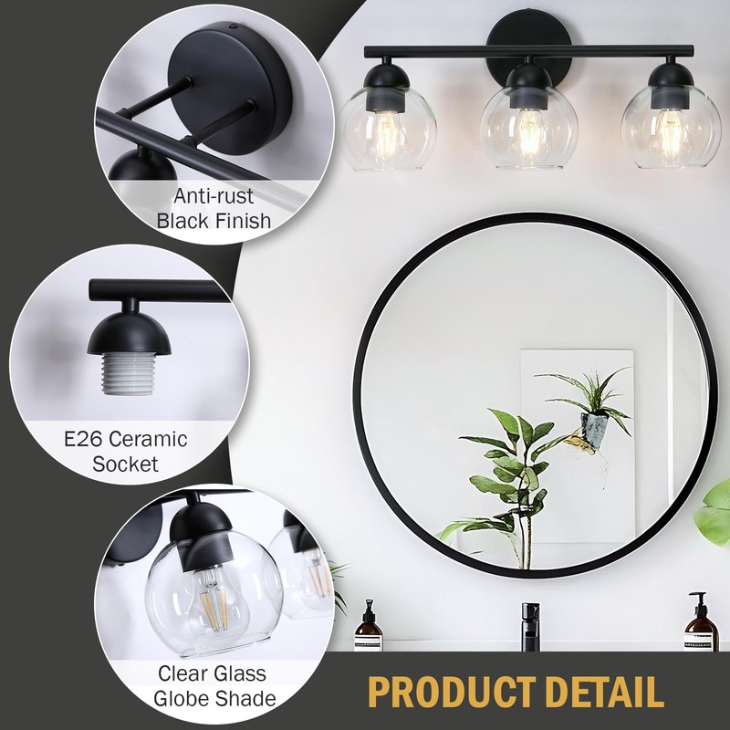 Wynterhaven 3 Light Bathroom Vanity Light, Black Vanity Light with