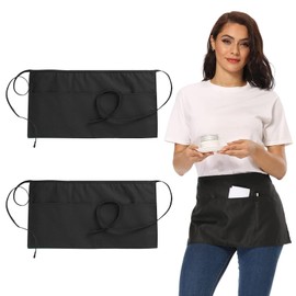 MytaYt Pack of 2 Waiter's Apron Black Short Cooking Apron Men Women Black Waist Apron with 3 Pockets Black Apron Waterproof for Restaurants, Cafes, Bar, black