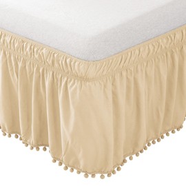 Elegant Comfort 1-Piece Ella Collection Pom-Pom Bed Skirt 16inch Drop, 1500 Thread Count Egyptian Quality, Wrap Around Elastic for Easy Application, Wrinkle Resistant, Queen/King, Antique Beige