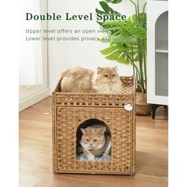 SETVSON Cat Beds for Indoor Cats Cat Bed Cave, Cat Cave Double Cat Bed, Handwoven Rattan Cat Houses, Large Cat Bed, Cave Cat Bed Covered with Double-Sided Soft Cushions, Foldable Cat Hideaway Natural