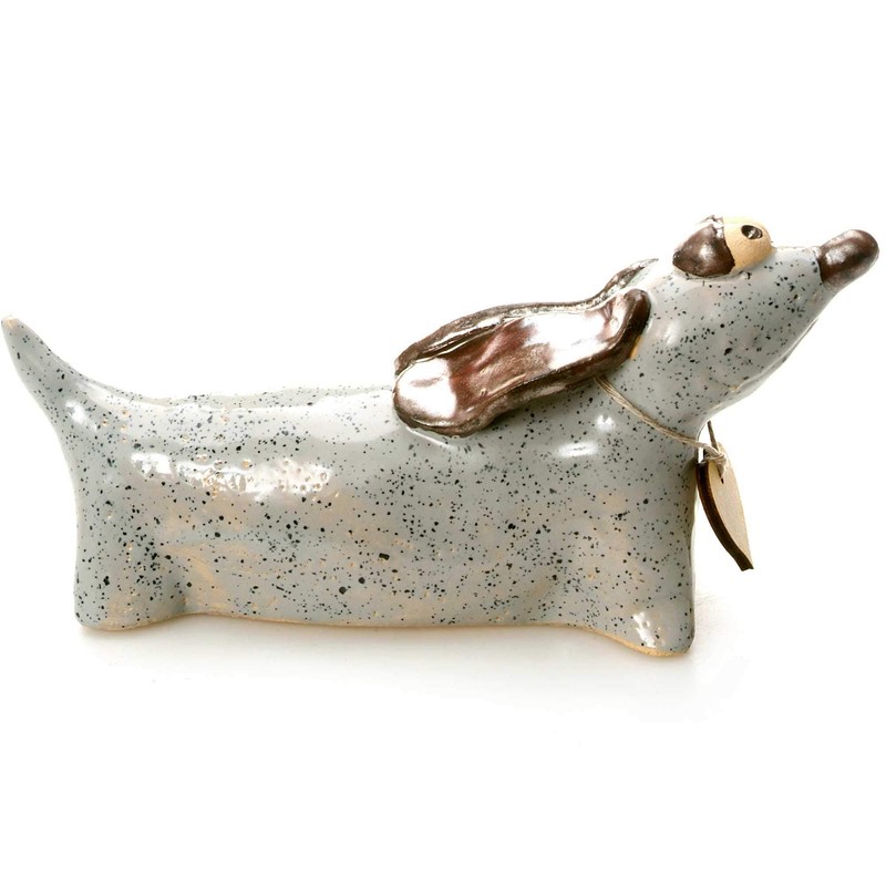 Enigma Supplies Grey Graphite Ceramic Dachshund with Wooden Messaging Heart