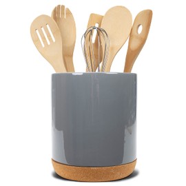 Elanze Designs Glossy X-Large Ceramic Stoneware Cork Bottom Kitchen Utensil Holder, Grey