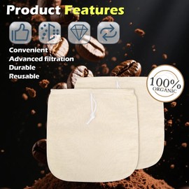 2 Pack Organic Cotton Cold Brew Coffee Filter Bags, 12x12 Inch,