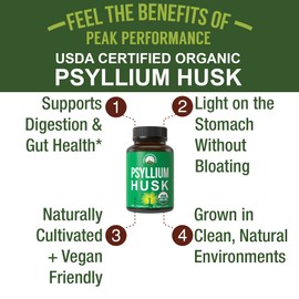 Peak Performance USDA Organic Psyllium Husk Vegan Capsules Made with Organic Psyllium Husk Seed. Fiber Supplement for Gut. Digestive Prebiotics. Pills for Digestion, Roughage Without Bloating. Tablets