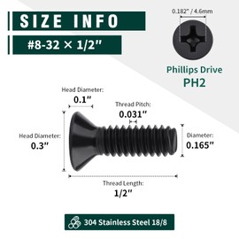 #8-32 x 1/2" Machine Screws, Phillips Flat Head, 304 Stainless Steel 18-8, Black Coated, Countersunk Screws for Computer Case, Electronics, DIY, 100 PCS