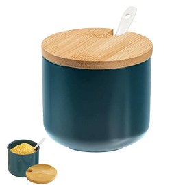 ORARTMM Ceramic Salt Jar with Wooden Lid and Spoon, Elegant Salt Shaker with Lid in Emerald Green, Modern Salt Container for Kitchen and Table, Stylish Salt Pot with Measuring Spoon
