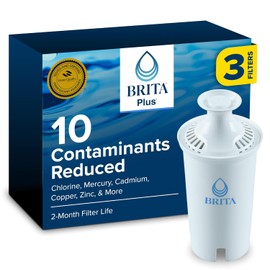 Brita Plus Water Filter, BPA-Free, High-Density Replacement Filter for Pitchers and Dispensers, Reduces 2x Contaminants*, Lasts Two Months or 40 Gallons, Includes 3 Filters
