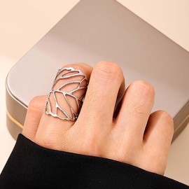 Cybche Vintage Hollow Large Leaf Ring Silver Adjustable Wrap Open Ring Minimalist Leaf Knuckle Finger Rings Irregularly Geometric Statement Leaves Rings Jewelry for Women