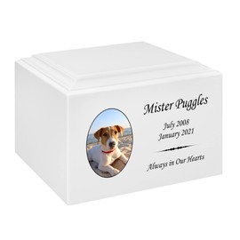 Mainely Urns Stonewood Large Custom Pet Photo Cremation Urn for Pet Ashes - Engineered Wood Cremation Urn for Dog Ashes or Cat Ashes - 280 Cubic Inch Capacity - Customization Included (White)