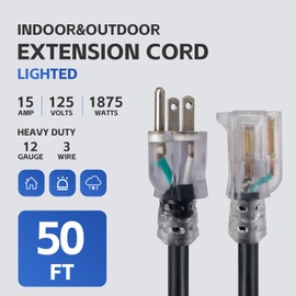 GreenProsper 50 FT Black Extension Cord with Lighted End, 12 AWG 3 Prong Indoor Outdoor Heavy Duty Waterproof Power Cable for Major Appliance, 12/3 SJTW UL Listed