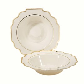 " OCCASIONS " 120 Pieces Bowls Pack, Heavyweight Disposable Wedding Party Plastic Bowls (14 oz Soup Bowl, Imperial Ivory & Gold)