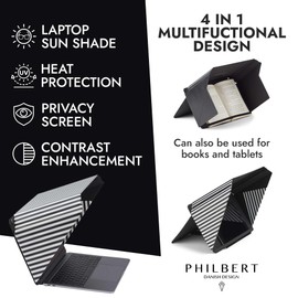 4-in-1 Laptop Screen Shade – Original Lux Hood – Sun, Privacy, Heat & Contrast Protection, Freestanding with Pocket, Fits 15–16” MacBook & PC, Patented, Striped | PHILBERT Danish Design