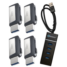 SanDisk Ultra 64GB Dual Drive USB Type-C (Four Pack Bundle) Works with Smartphones, Tablets, and Computers (SDDDC2-064G-G46) Bundle with (1) Everything But Stromboli 4 Port USB 3.0 Hub