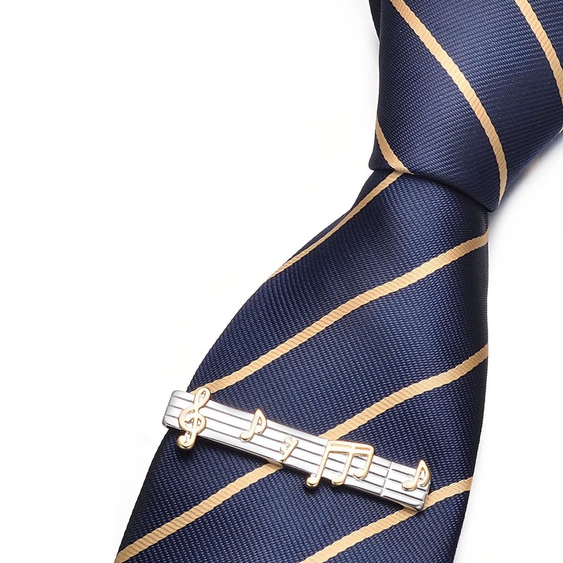 RunootPR 2-piece Set Men's Music Note Tie Clip, Silver Black