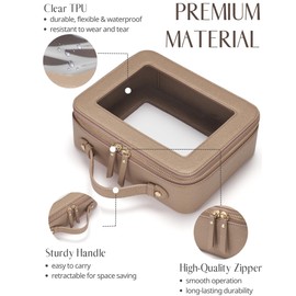 Popvibe Clear Makeup Bag Travel Cosmetic Case Transparent Toiletry Bag with Zipper, Portable Make Up Organizer Traveling Compact Car Bag for Essentials, Gold, Large