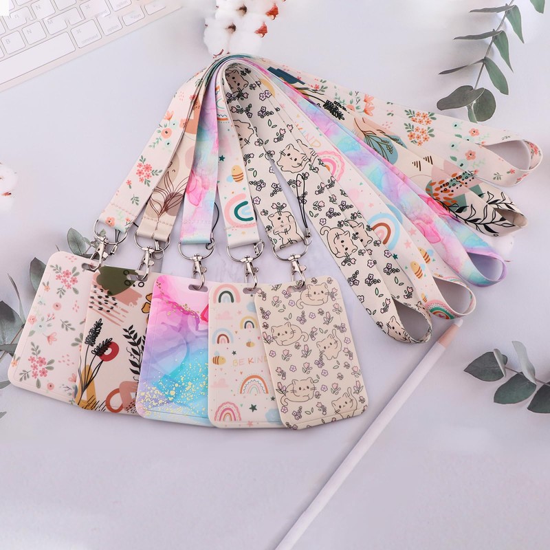 Juanooo Aesthetic Rainbow ID Lanyard with Card Holder Cute Neck