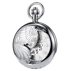 TREEWETO Men's Pocket Watch with Chain, Retro Eagle Analogue Steampunk Skeleton Watch, Mechanical Hand Winding Pocket Watches with Roman Numerals for Men, silver, Classic