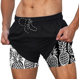Cozople Men's Pineapple Print Swimming Trunks Quick Dry Stretch Lightweight Swim Shorts Novelty Boxer Brief Liner Boardshorts Swimwear with Inner Pocket for Aloha Size 2xlarge Black