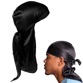 1 PCS Silky Satin Durag,Long Tail Durag,Silky Durag,Breathable Pirate Headwraps Cap Wrinkle Free Satin,Premium Silk Du Rags for Men & Women With Long & Wide Tails for Waves,Braids & Locs(Black)