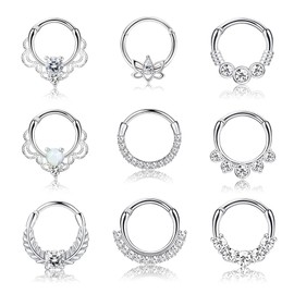 Drperfect 9PCS 16G Septum Rings Opal Daith Earrings Hoop Nose Rings 316L Stainless Steel CZ Cartilage Helix Tragus Earrings Septum Clicker Piercing Jewerly Silver Tone 8MM