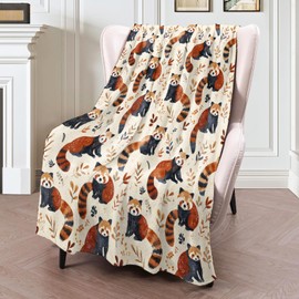 ICAAV Red Panda Blanket 50×60 Inch,Vintage Neutral Hand Drawn Lightweight Flannel Throw with Cute Pandas and Autumn Leaves, Cozy Nature Retro Decor,Gifts for Animal Lovers, Women