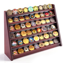 ULTRGEE Challenge Coin Holder Display Stand 54-Coin Military Coins Case Rack with Wall or Desk Display, Assemble-Free Gifts for Coin Collectors (Brown)