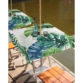 Outdoor Tablecloth Watercolor Green Monstera Leaves Waterproof Patio Table Covers Tropical Plants Table Cloth with Umbrella Hole and Zipper for Backyard BBQ Picnic 54"x54" Square