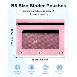 ASBEFORE Pink Pencil Pouch for 3 Ring Binder - Zipper Pencil Case Bag Holder Bulk Accessories, Small Clear Window Aesthetic Organizer Pockets 3 Hole School Essentials