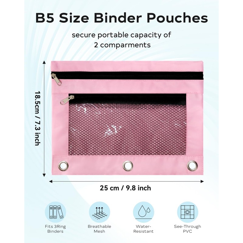 ASBEFORE Pink Pencil Pouch for 3 Ring Binder - Zipper