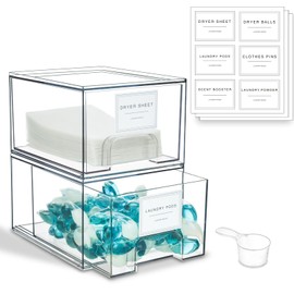 SACREDAY 2 Pack Laundry Room Organization and Storage Containers with Labels, Stackable Clear Plastic Storage Drawers for Dryer Sheet Holder, Laundry Pods Container, Laundry Room Decor for Organizing