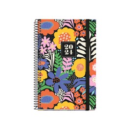 Miquelrius - 2024 Week to View Week to View Diary Active Size 117x182mm Hardback Spiral Bound Elastic Band Catalan English Portuguese Flower Garden